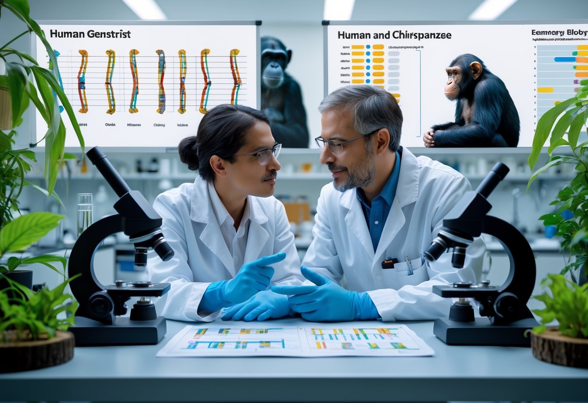 A human geneticist and a primatologist discussing scientific charts and DNA models in a laboratory with images of a chimpanzee and a human silhouette in the background.
