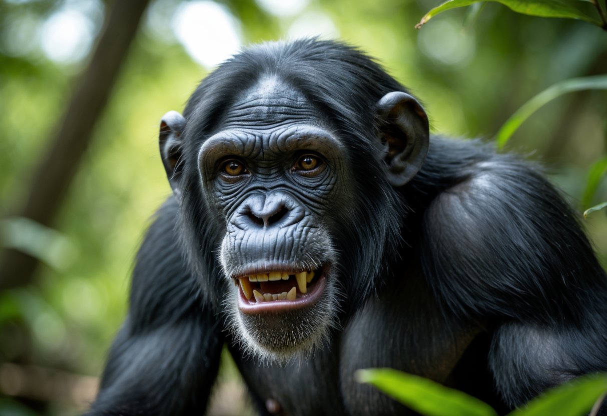 Close-up of a chimpanzee in a green forest looking alert and strong.