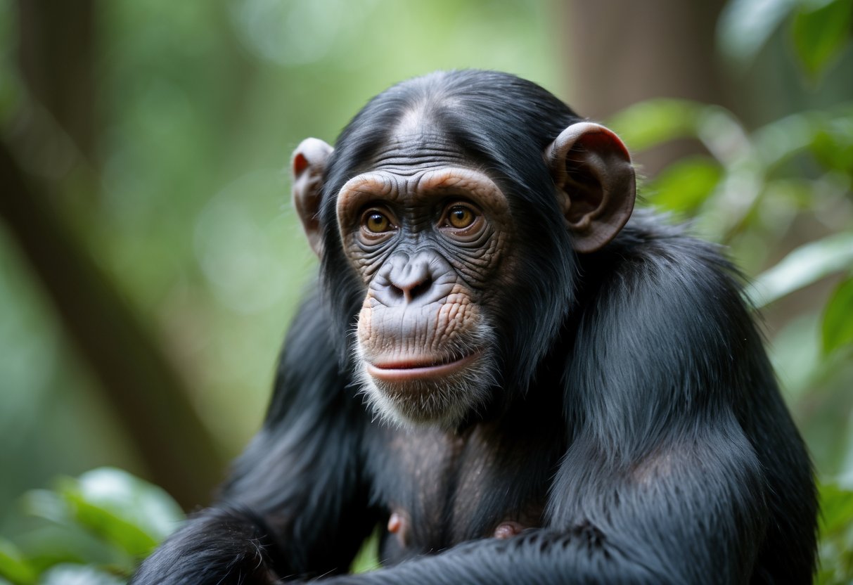 Close-up of a chimpanzee sitting in a forest, looking thoughtful and curious.