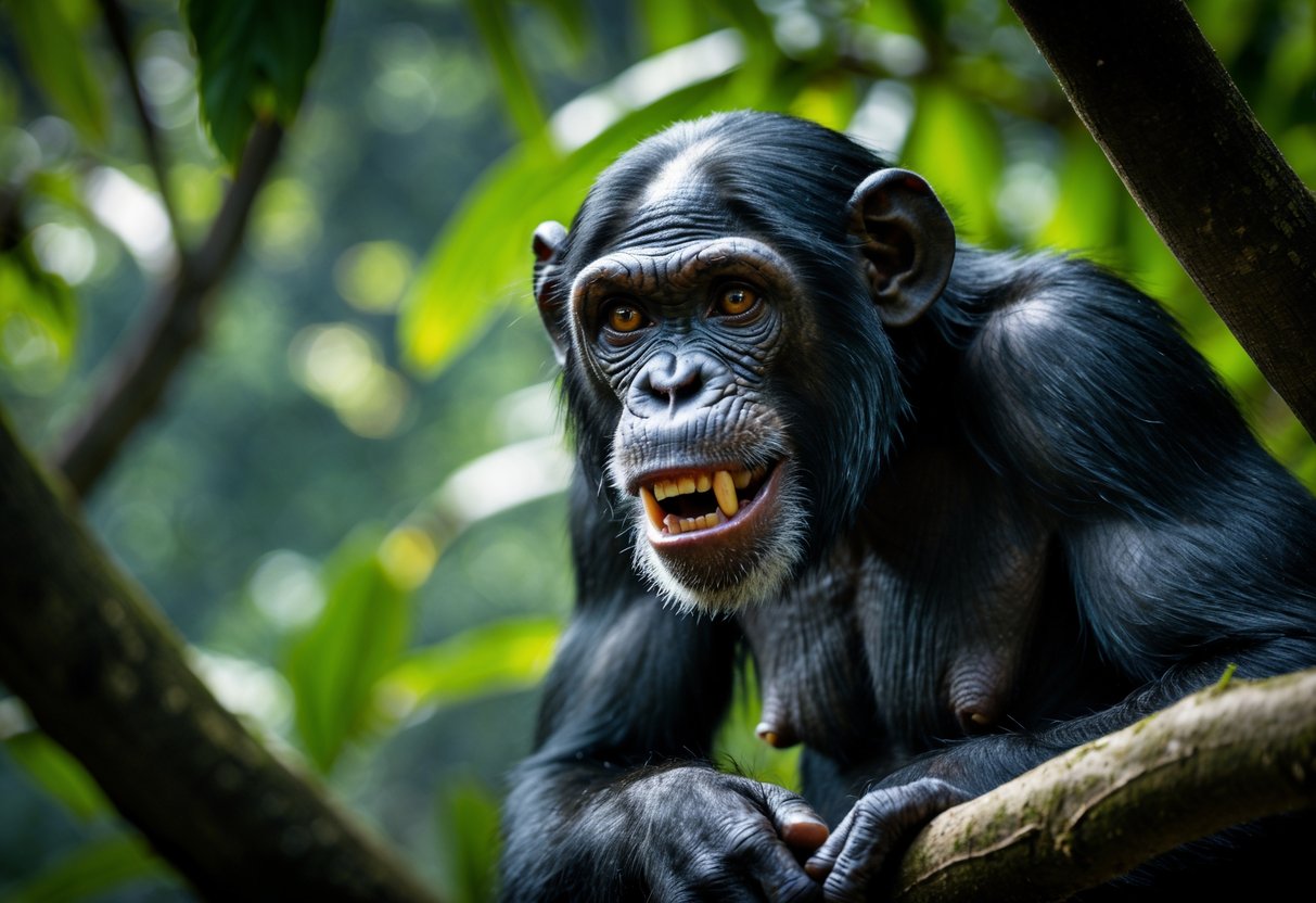 Close-up of a wild chimpanzee in a dense green forest, showing its face with intense eyes and slightly bared teeth.