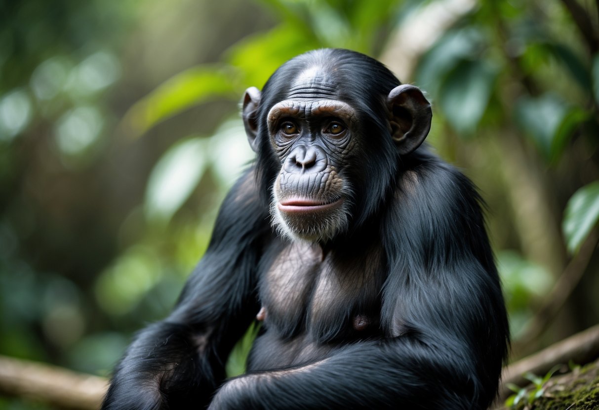 A chimpanzee sitting outdoors looking slightly away, avoiding direct eye contact.
