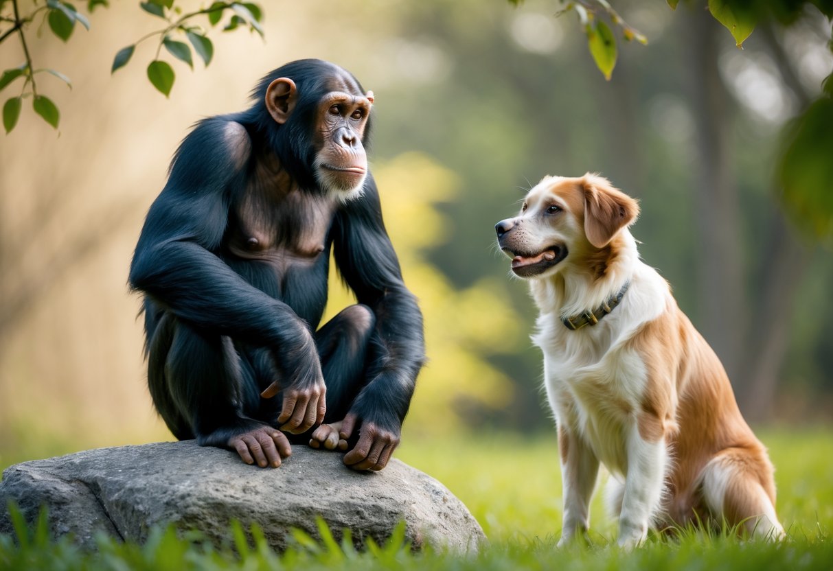 A chimpanzee sitting on a rock faces a standing dog in a green outdoor setting with trees in the background.