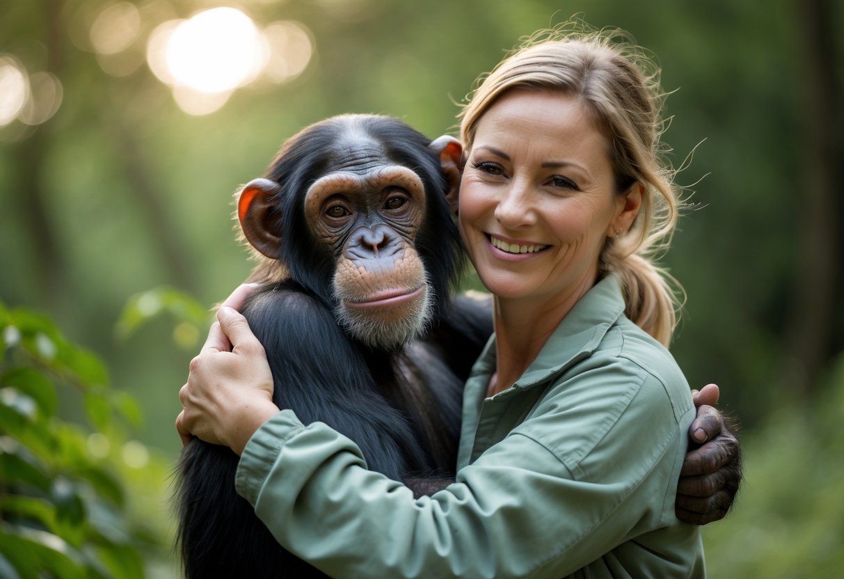 A chimpanzee being gently hugged by a smiling human in a green forest.