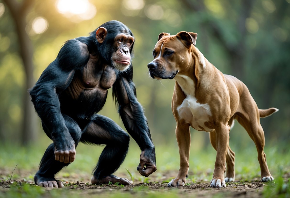 A chimpanzee and a dog facing each other in a forest clearing, both alert and poised.