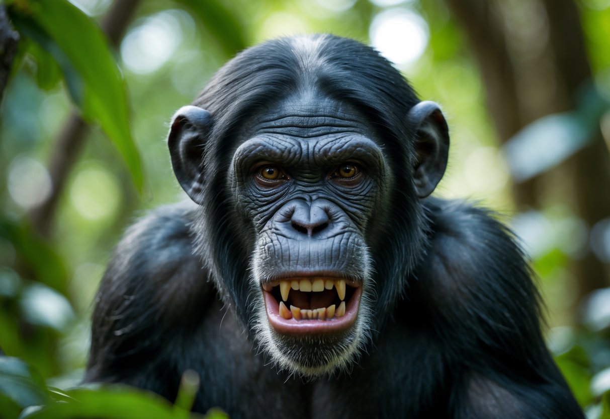 Close-up of an aggressive chimpanzee showing its teeth in a forest setting.