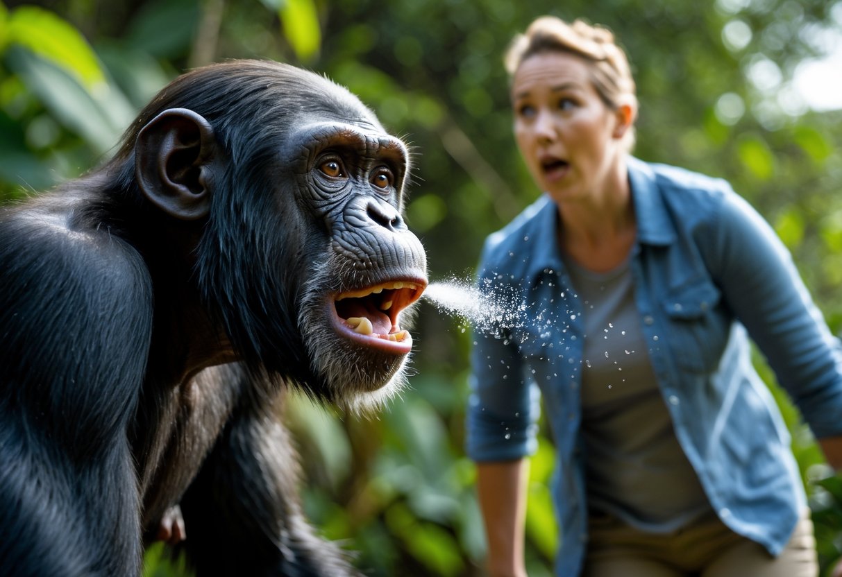 A chimpanzee spits towards a surprised person outdoors with green foliage in the background.