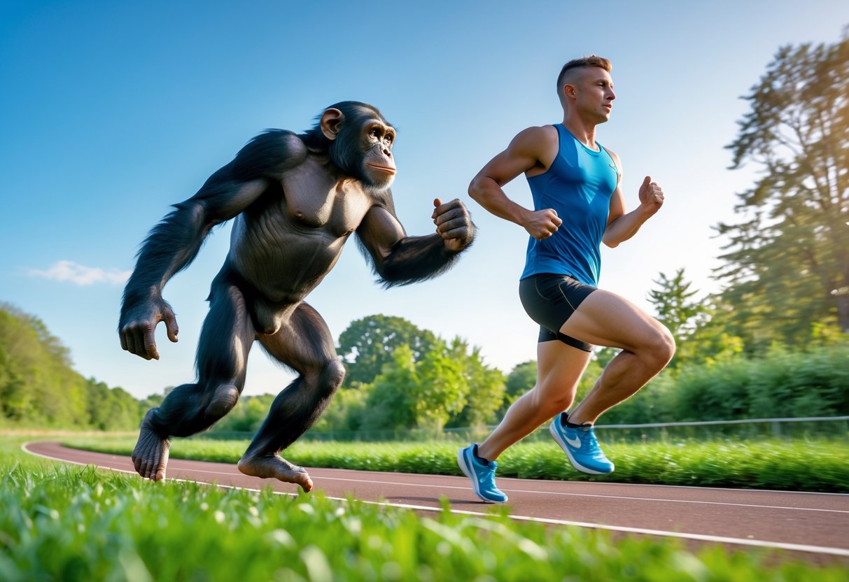 A chimpanzee and a human running side by side outdoors on a green track.
