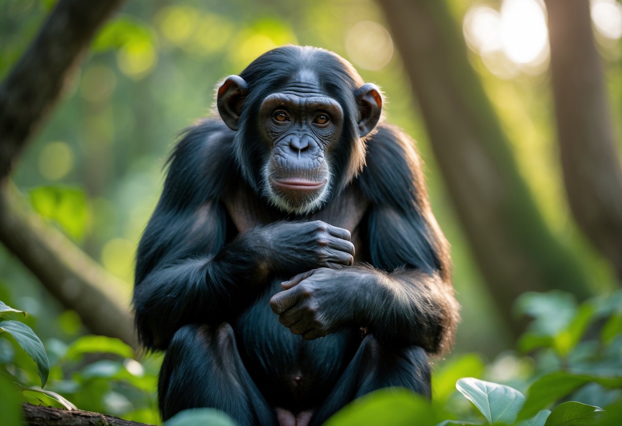 A chimpanzee sitting in a forest looking thoughtfully at the camera with hands clasped.