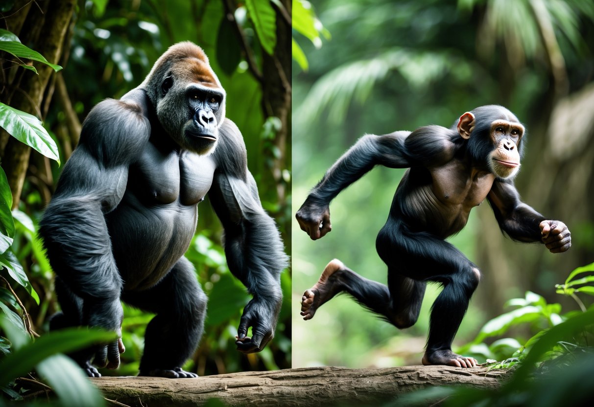 A gorilla and a chimpanzee running side by side in a jungle setting.
