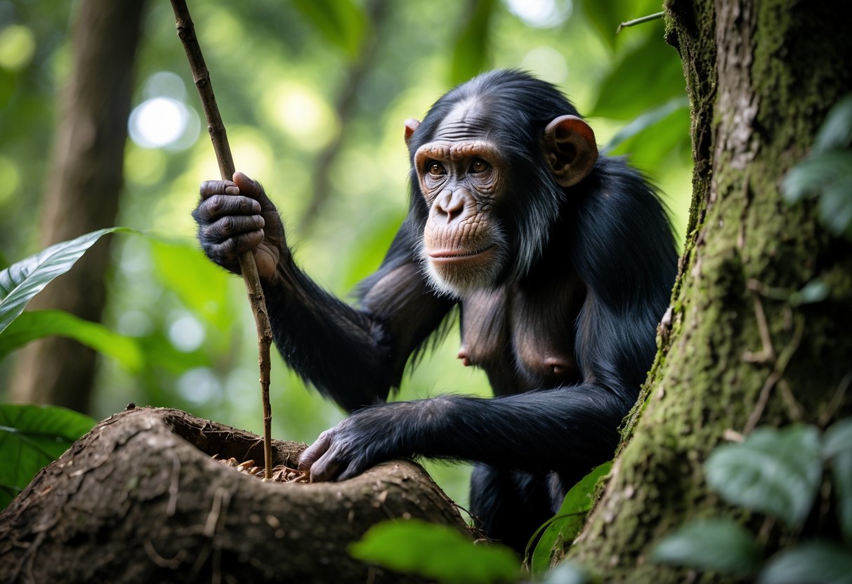 Female chimpanzee using a stick to hunt for insects in a tropical forest.