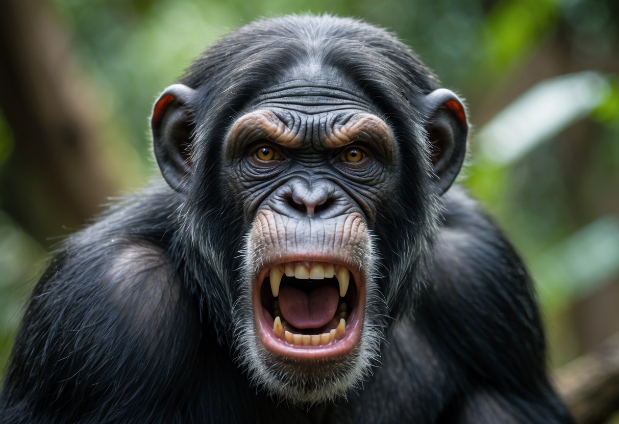 Close-up of an angry chimpanzee showing its teeth in a jungle setting.