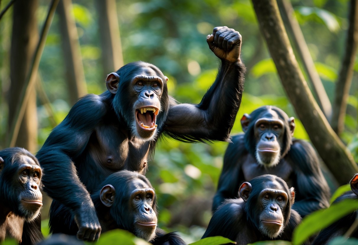A group of chimpanzees in a forest with one showing aggressive behavior while others watch.