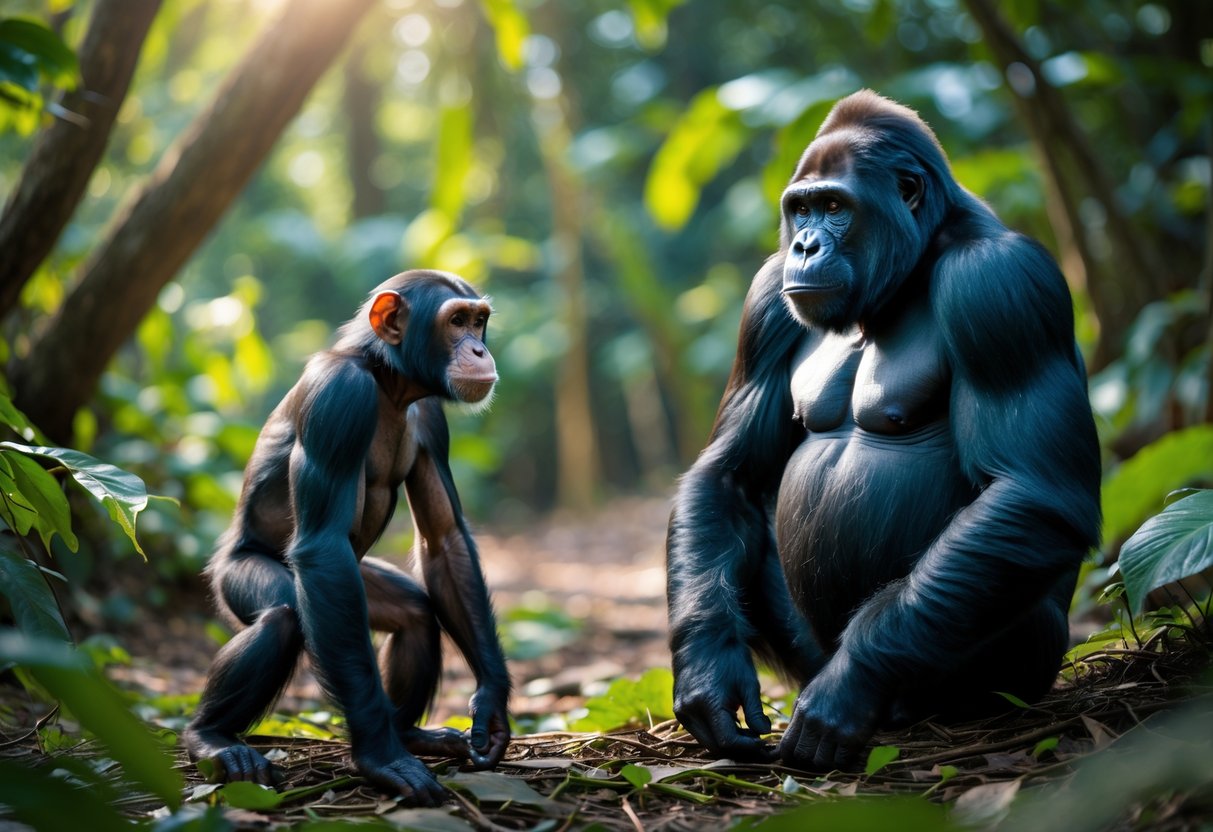 A chimpanzee and a gorilla facing each other in a jungle setting surrounded by green foliage.
