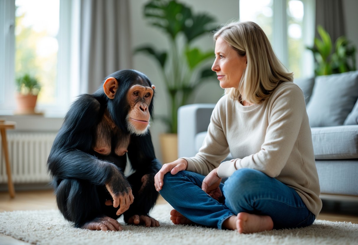 A chimpanzee sitting calmly next to a person in a well-lit living room, both appearing relaxed and thoughtful.