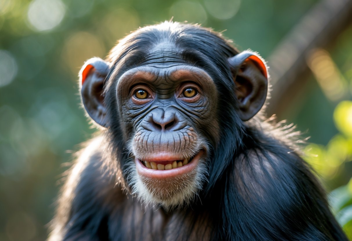 A chimpanzee smiling directly at the camera in a natural outdoor setting.
