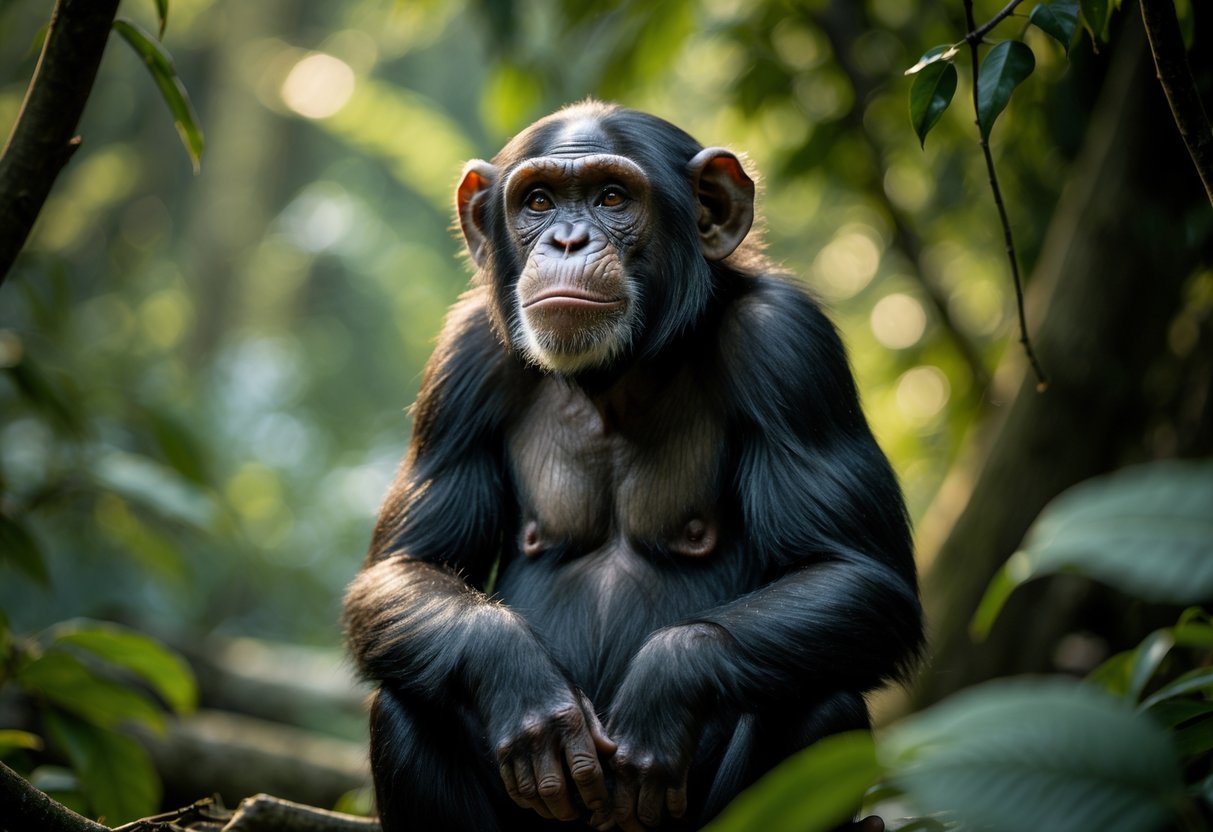 A chimpanzee sitting thoughtfully among green jungle foliage, looking upward with a curious expression.