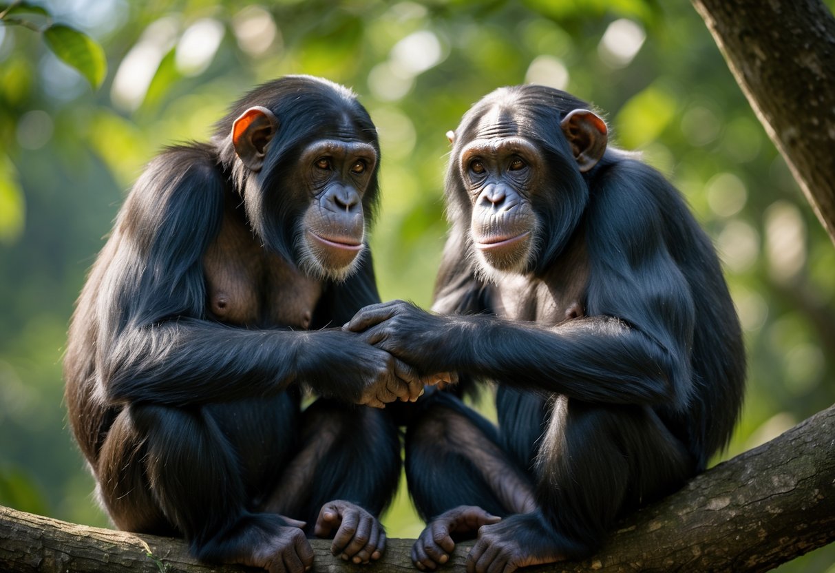 Two chimpanzees sitting close together on a tree branch, gently holding hands and grooming each other in a green forest.