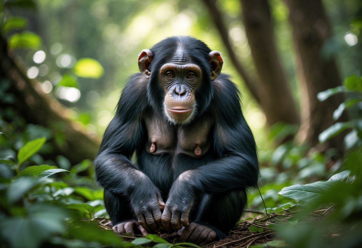 A chimpanzee sitting on the forest floor surrounded by green plants.