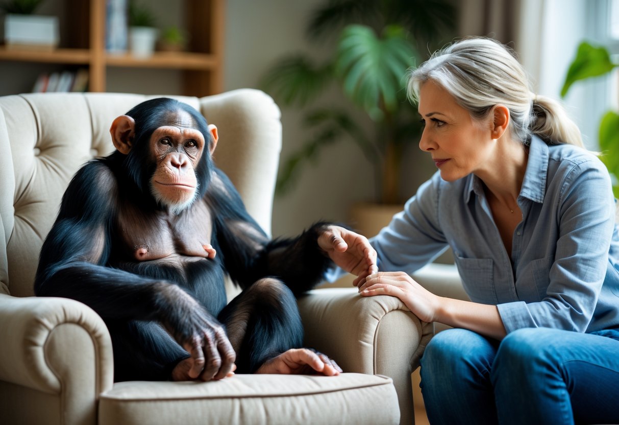 A chimpanzee sitting on an armchair next to a thoughtful adult human in a cozy living room.