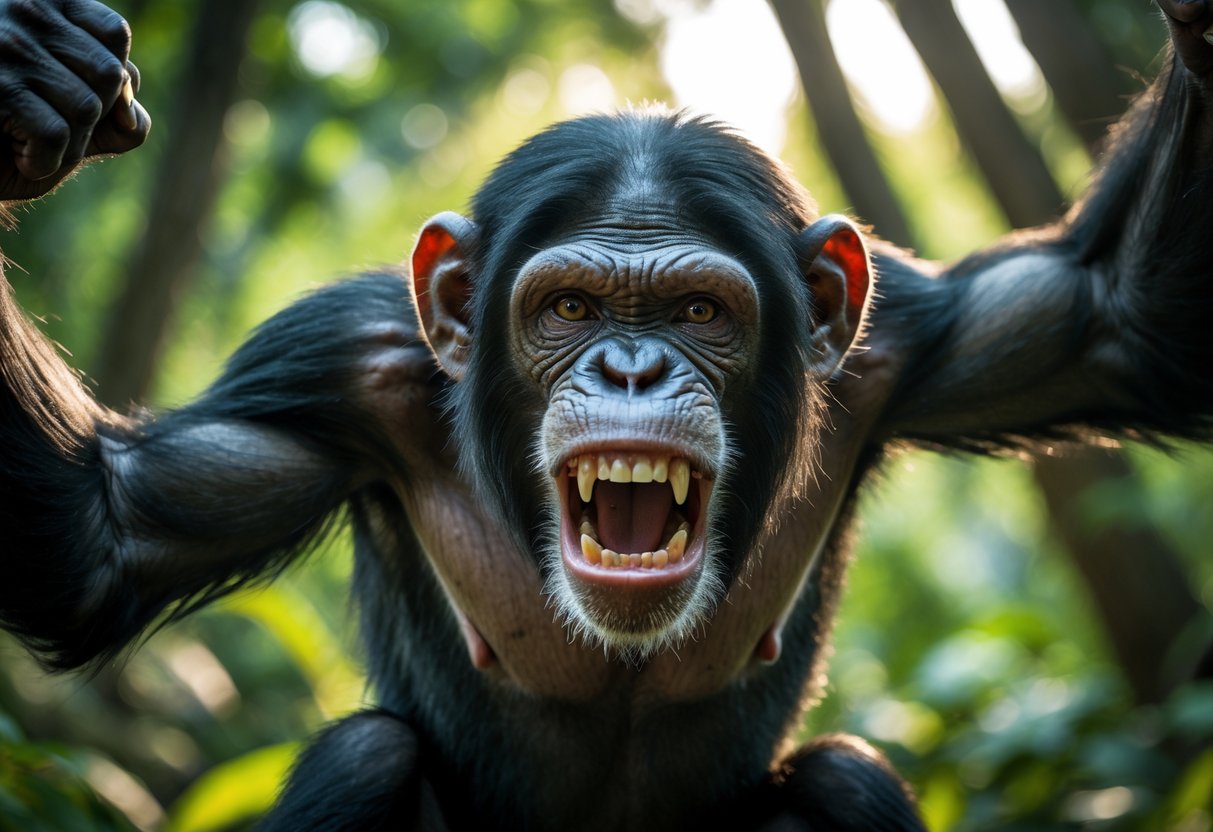 A chimpanzee in a forest showing aggressive facial expression with bared teeth and tense posture.