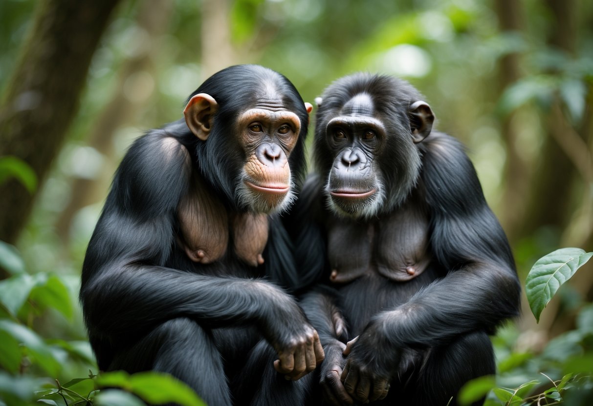 A chimpanzee and a bonobo sitting close together in a green forest.
