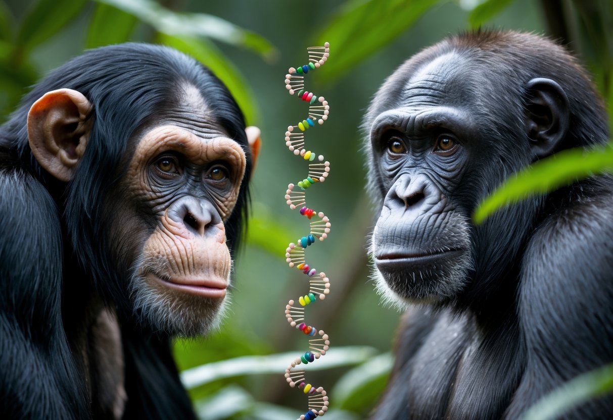 Close-up of a chimpanzee and a bonobo facing each other in a green forest, highlighting their physical differences.
