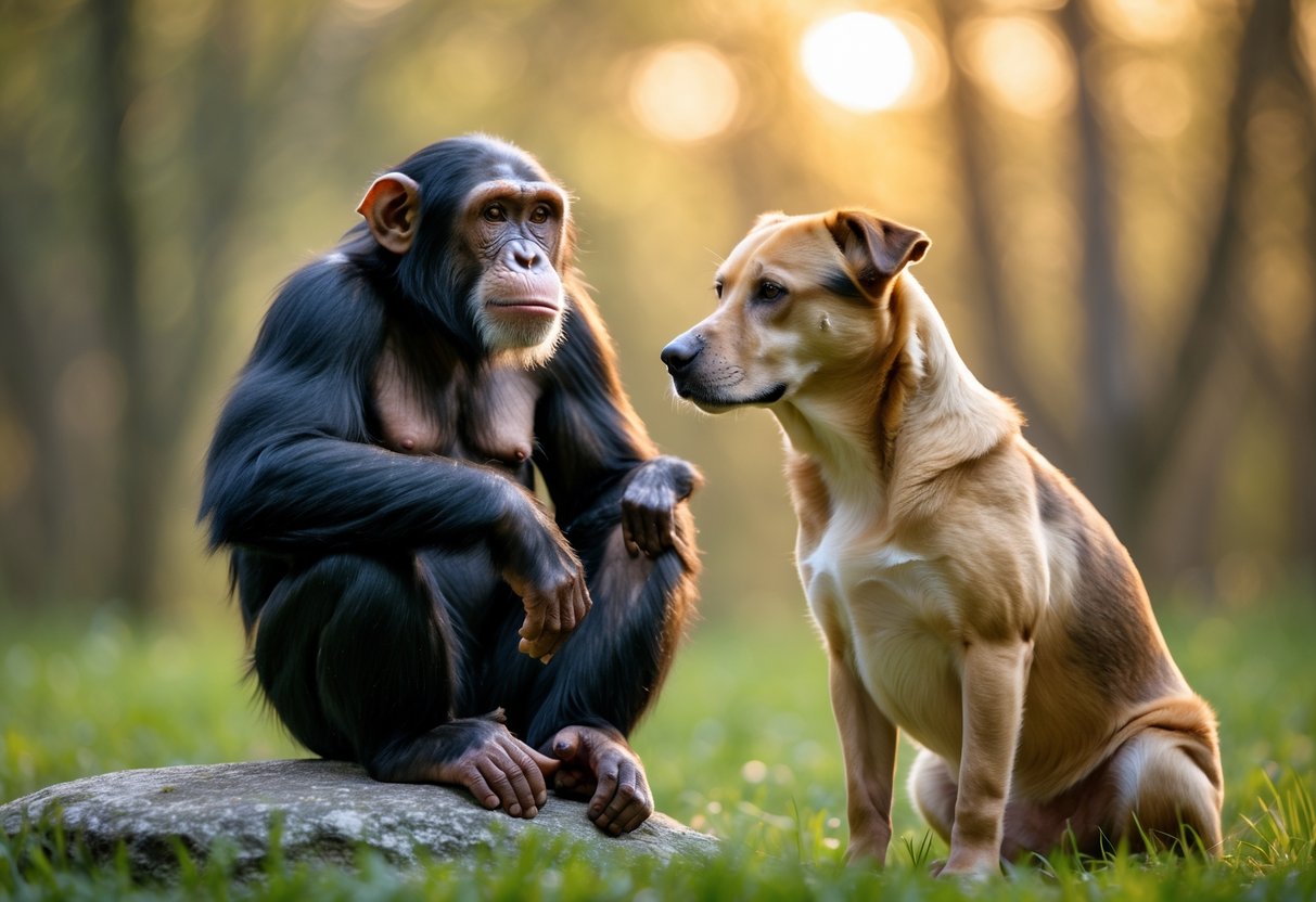 A chimpanzee and a dog sitting facing each other outdoors with a forest background.