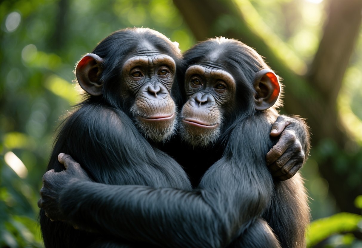 Two chimpanzees hugging each other in a green forest setting.