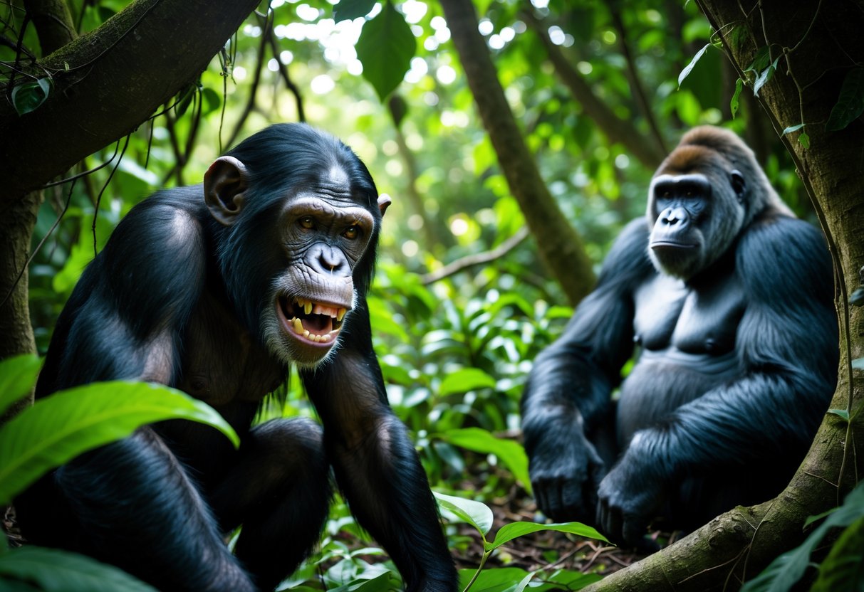 A chimpanzee showing an aggressive expression near a calm gorilla sitting in a jungle setting.