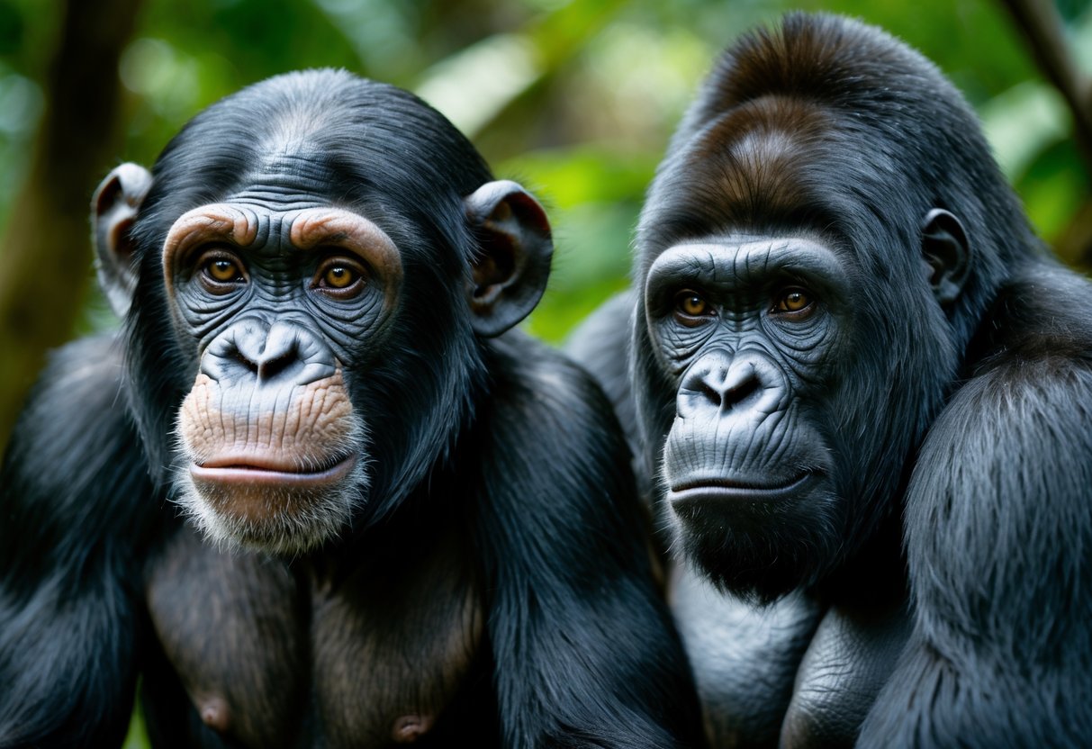 A chimpanzee and a gorilla side by side in a green jungle setting, showing their different sizes and facial expressions.