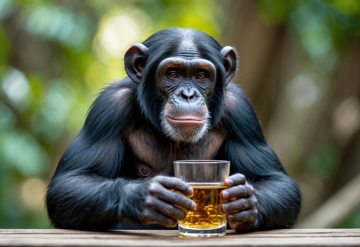 A chimpanzee sitting at a wooden table outdoors, holding a glass with amber liquid and looking at it thoughtfully.