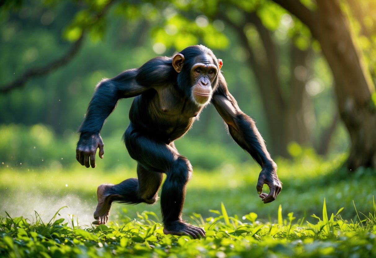 A chimpanzee running through a forest clearing with trees and sunlight in the background.