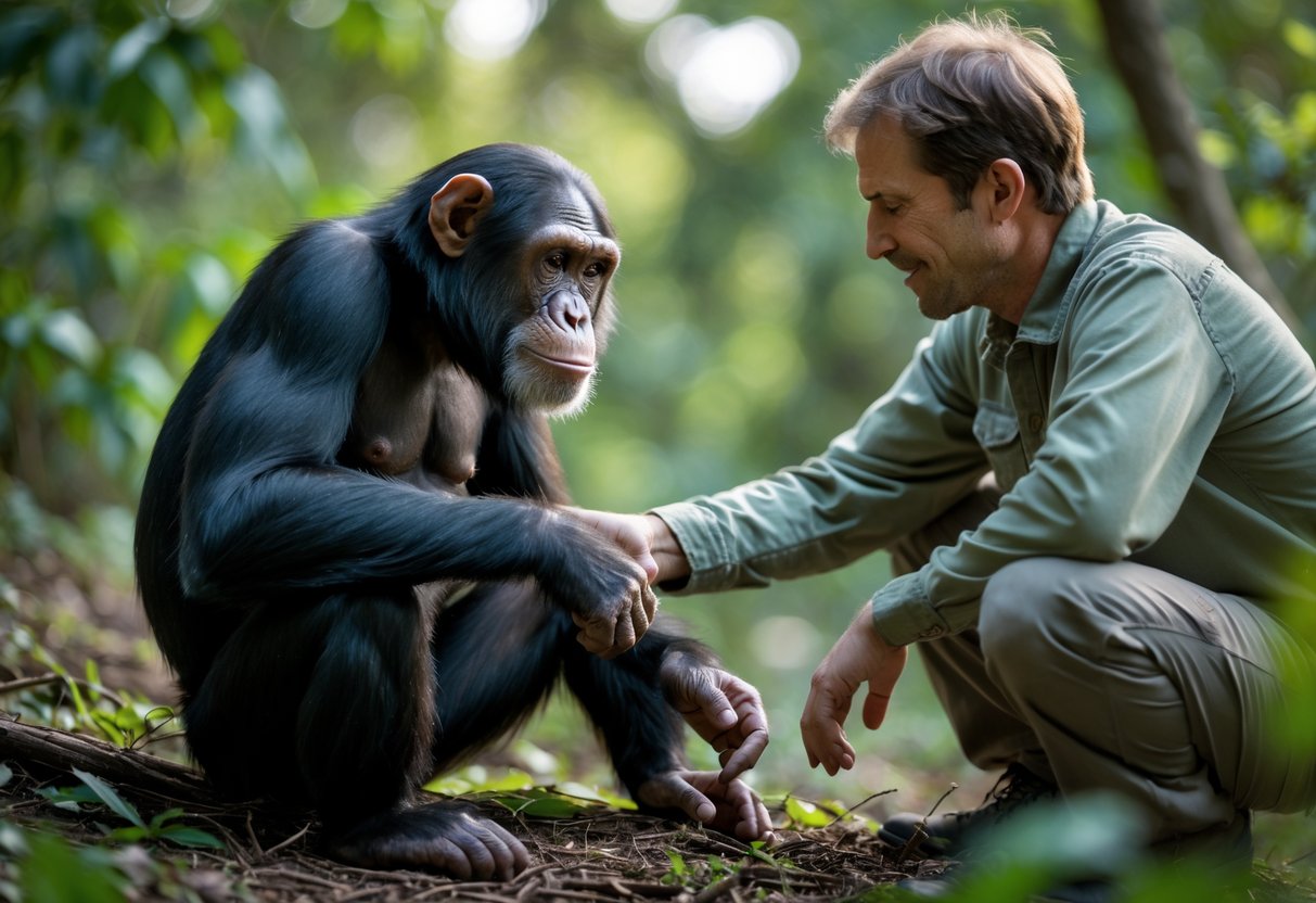 A chimpanzee and a human sit close together in a forest, looking at each other with curiosity.