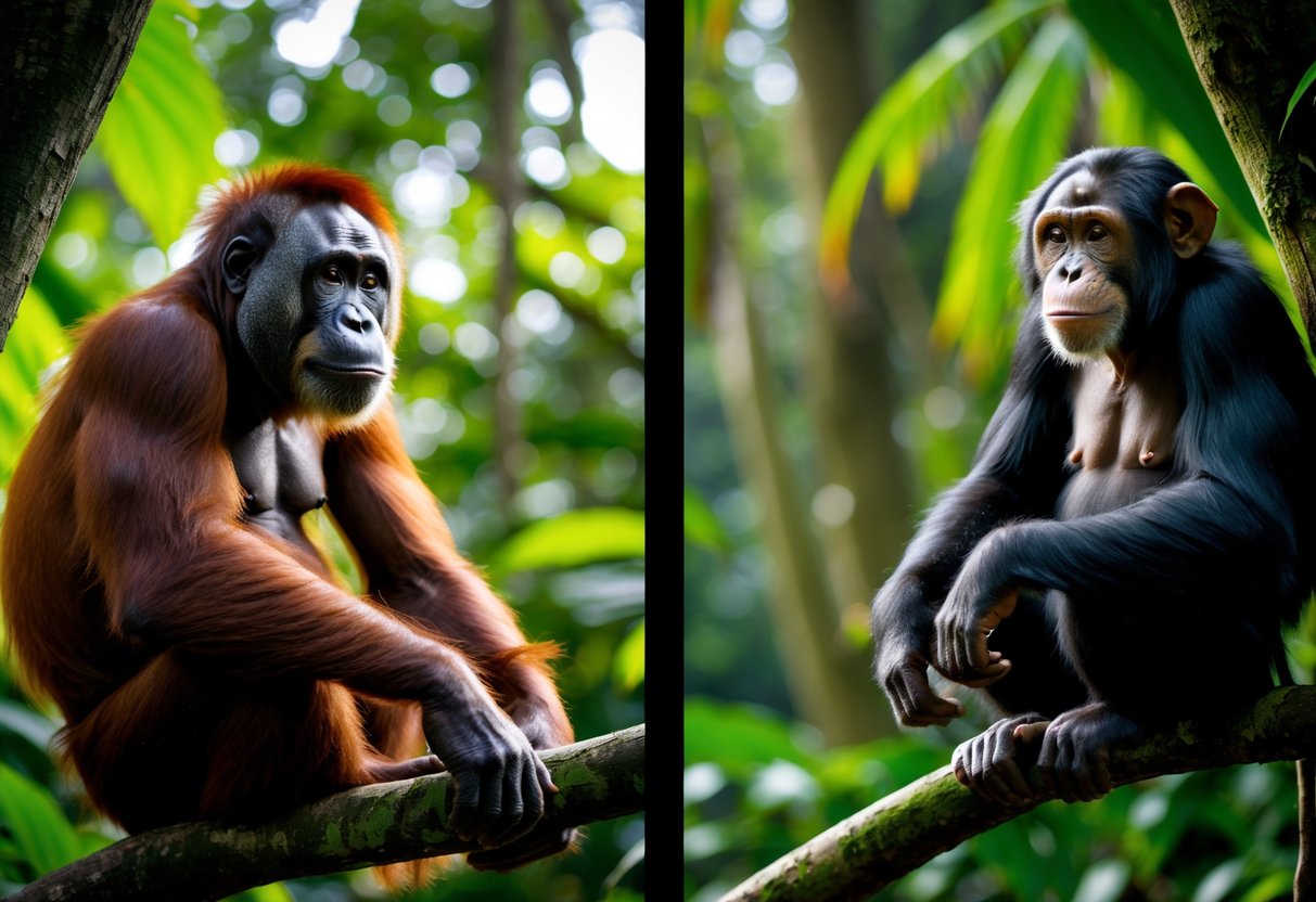 An orangutan and a chimpanzee sitting on tree branches in a dense rainforest, looking attentive and curious.