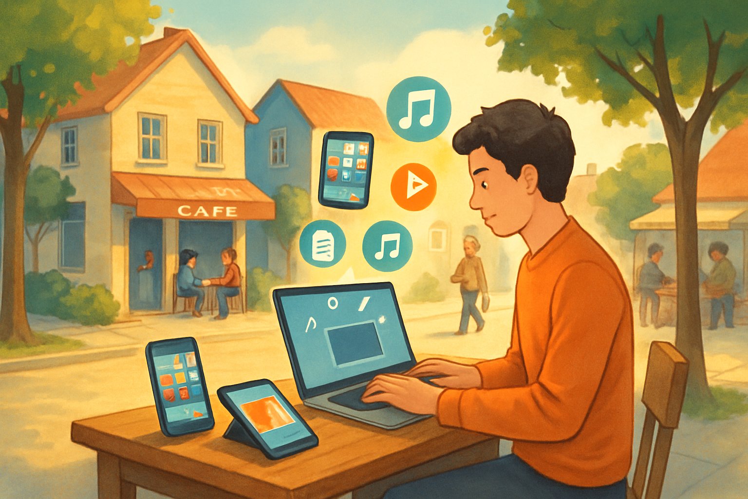 A person working on a laptop outdoors in a small town surrounded by houses and trees, with digital product icons floating near the laptop.