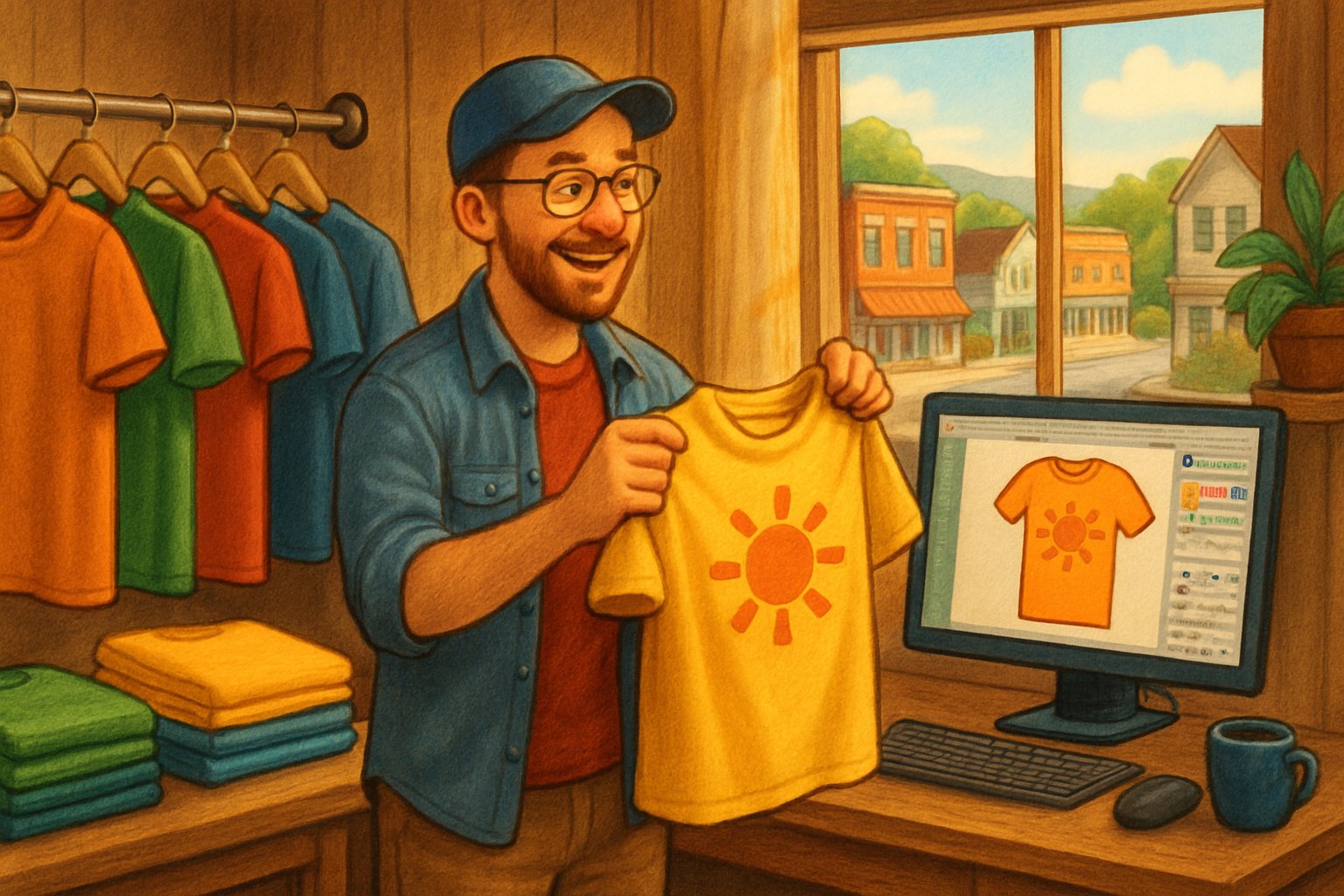 A person working in a cozy home office surrounded by colorful T-shirts, with a small town visible through the window.