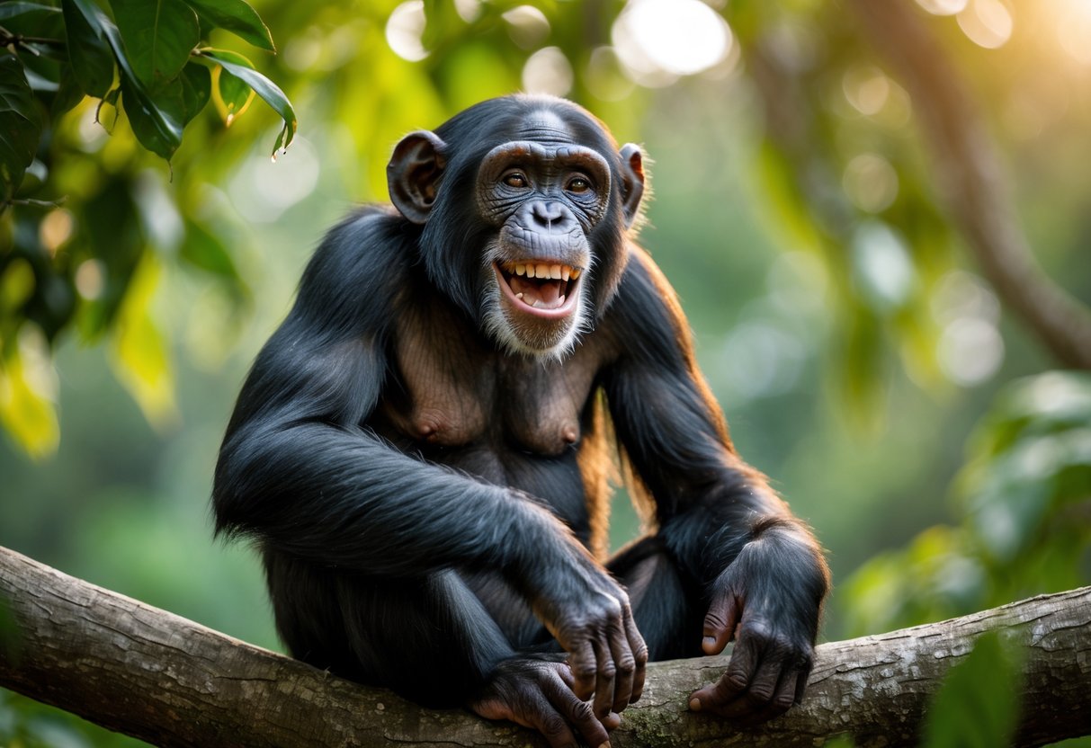 A chimpanzee sitting on a tree branch smiling with bright eyes in a green forest.