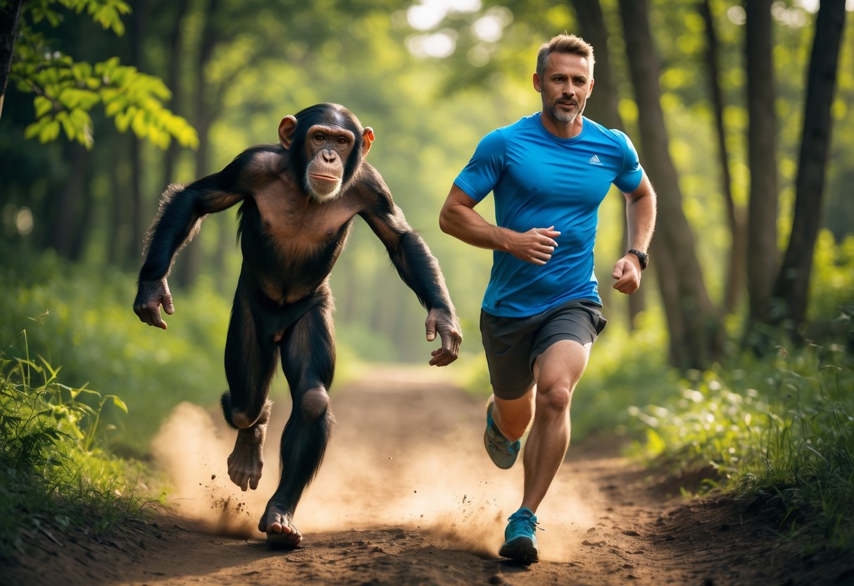 A man and a chimpanzee running side by side on a forest trail, both appearing focused and energetic.