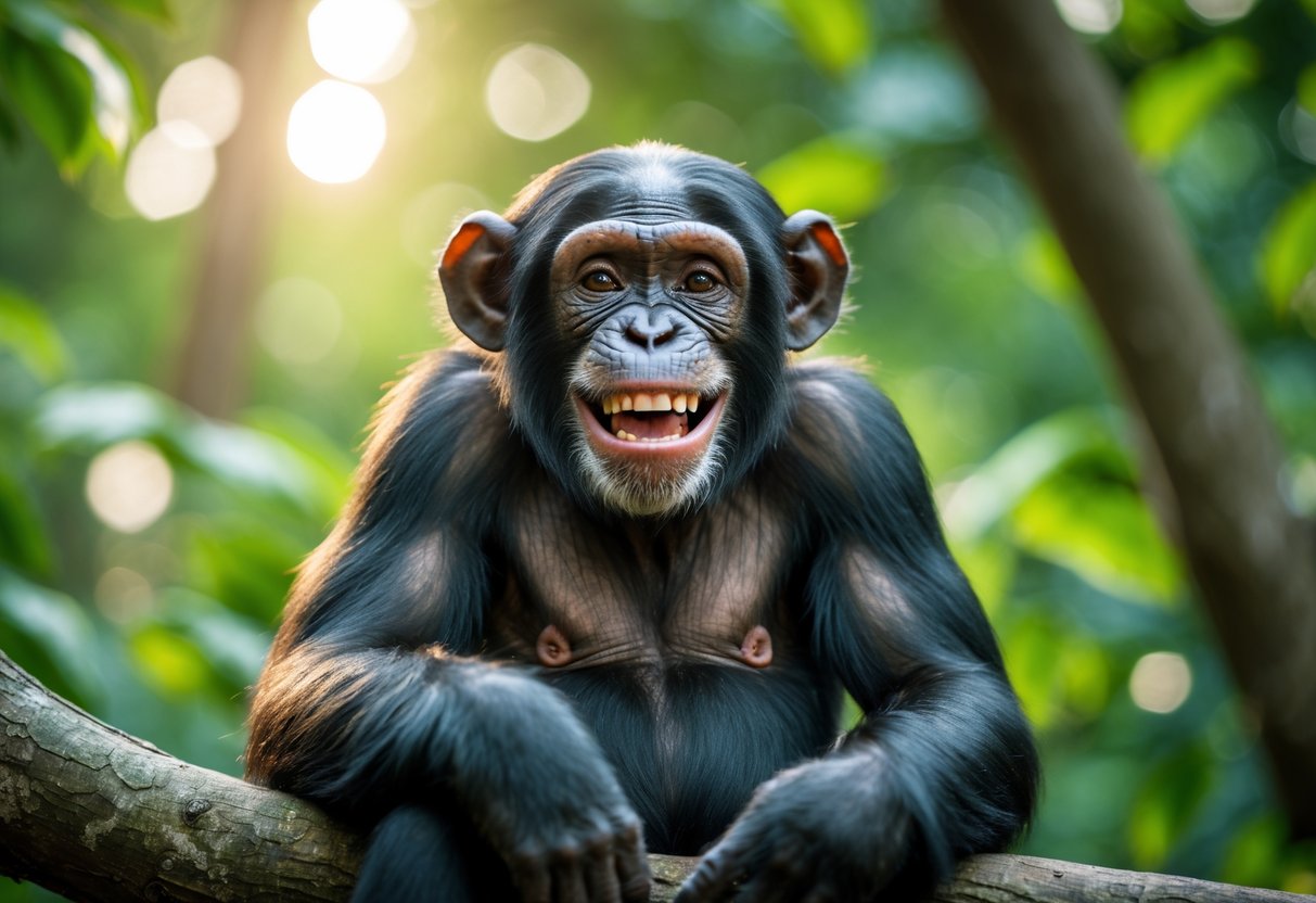 A happy chimpanzee sitting on a tree branch in a green forest, smiling with bright eyes.