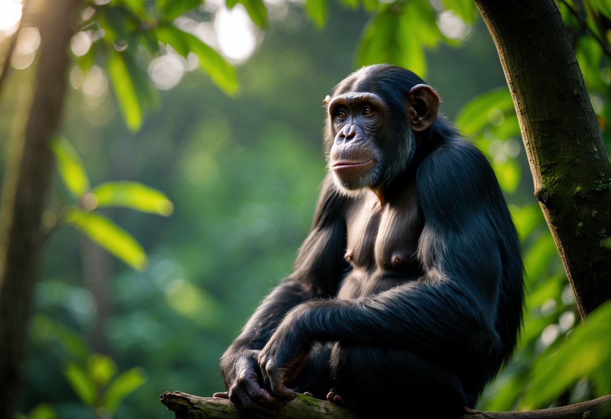 A chimpanzee sitting on a tree branch in a forest, looking thoughtfully into the distance.