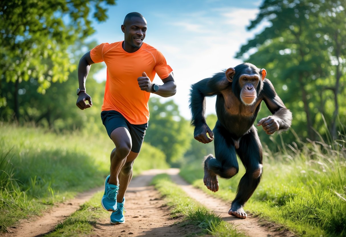A person and a chimpanzee running side by side on a grassy trail in a park surrounded by trees.