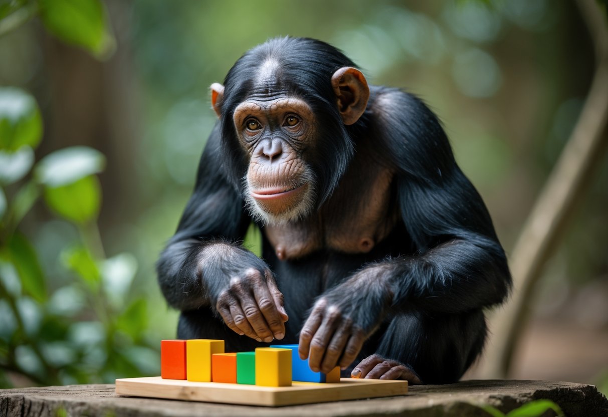 A chimpanzee sitting and looking thoughtfully at a puzzle with wooden blocks in a natural outdoor setting.