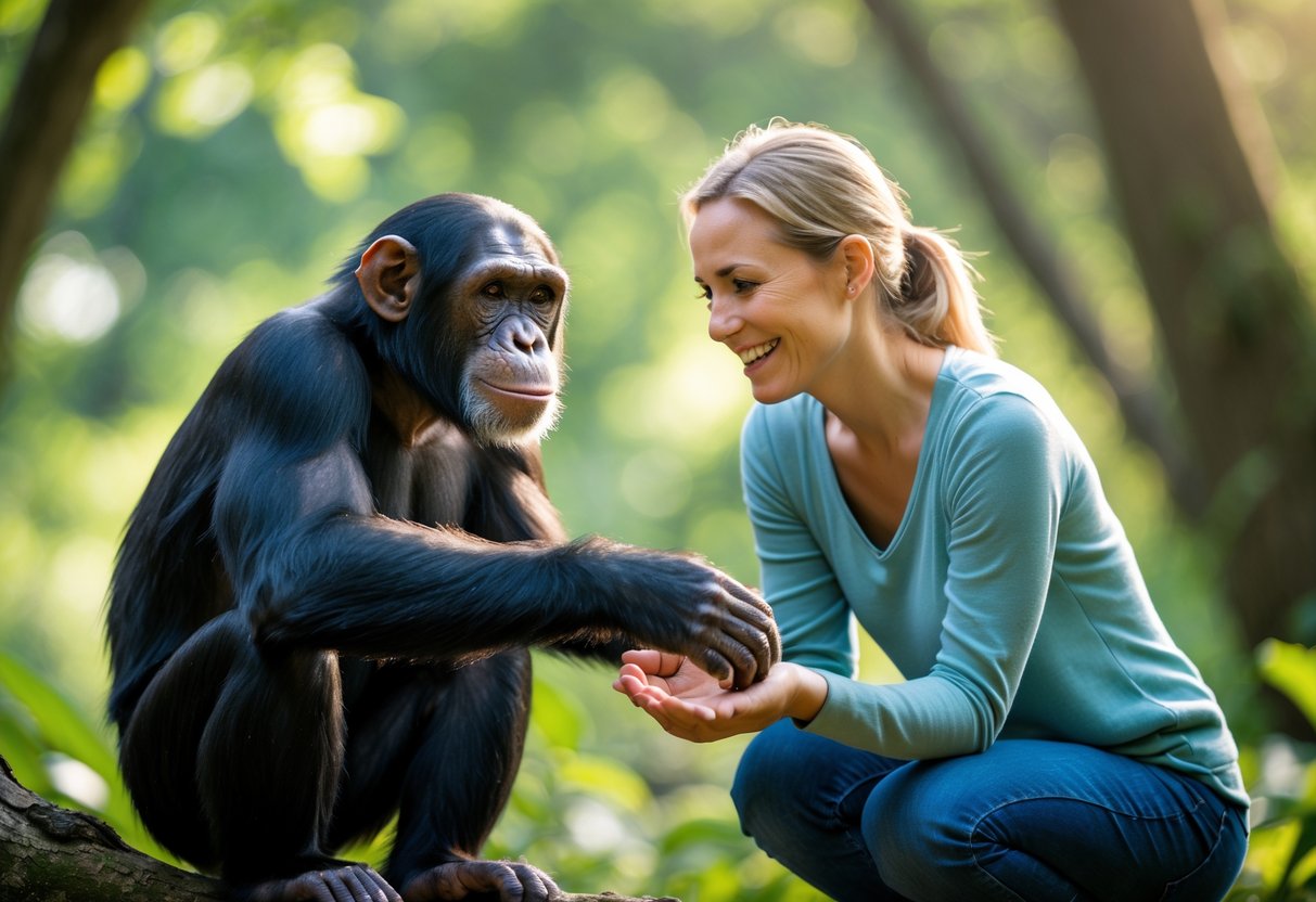 A chimpanzee and a human gently reaching out to each other in a green forest.