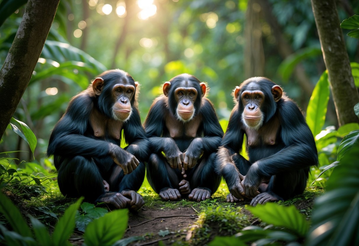 Three chimpanzees sitting together on the forest floor surrounded by green tropical plants.