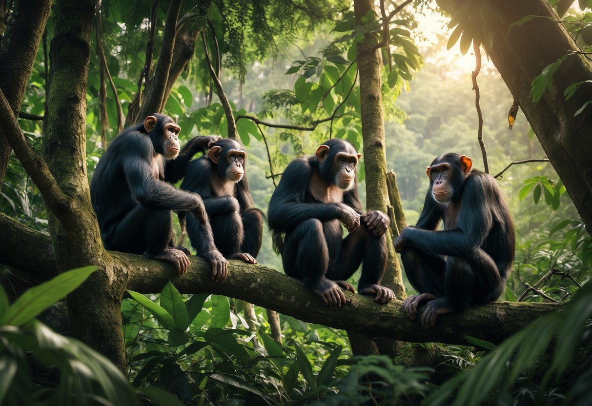 A group of chimpanzees in a lush tropical forest, interacting and climbing trees.