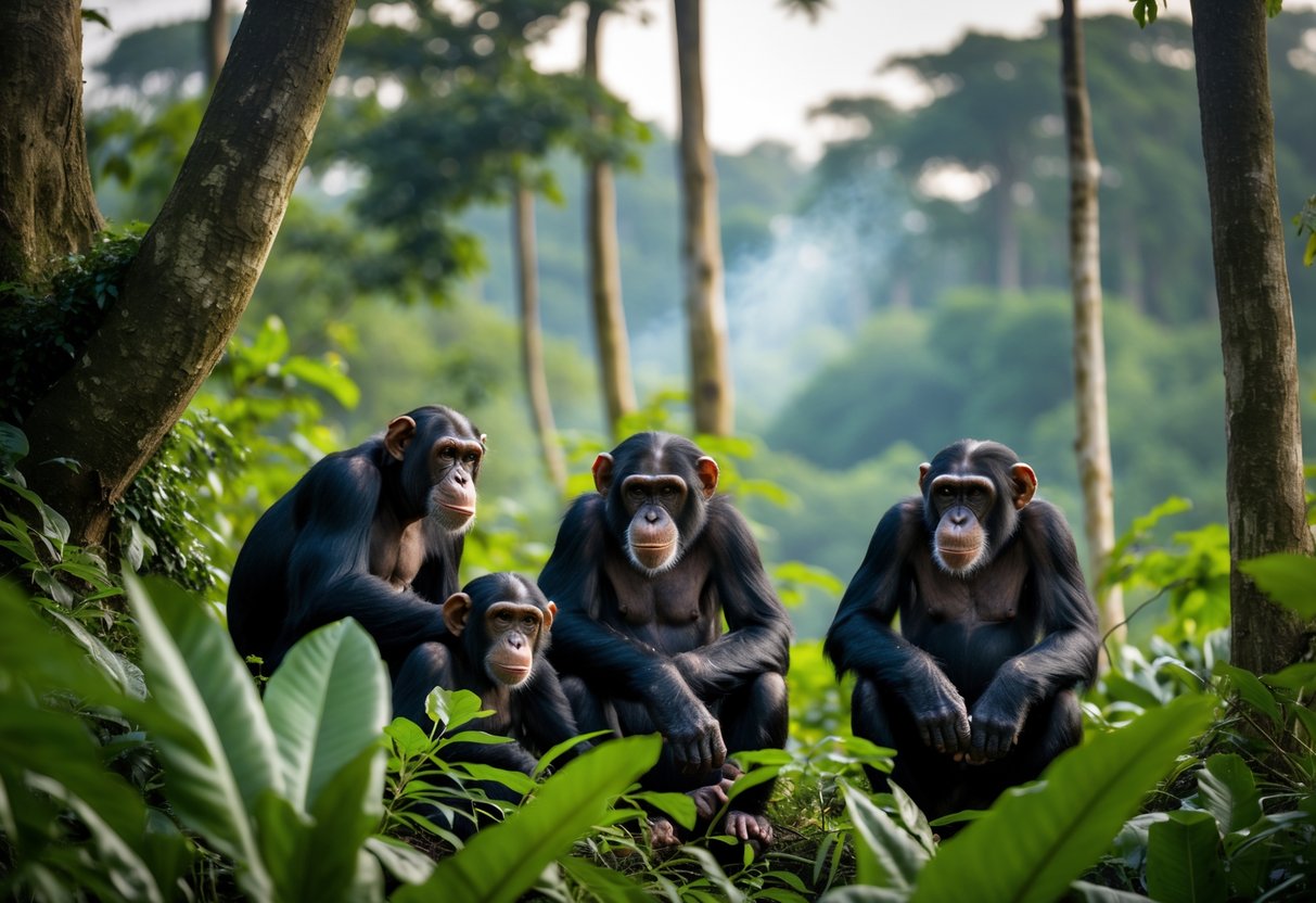 A group of chimpanzees in a dense forest surrounded by tall trees and green foliage, with faint signs of environmental disturbance in the background.