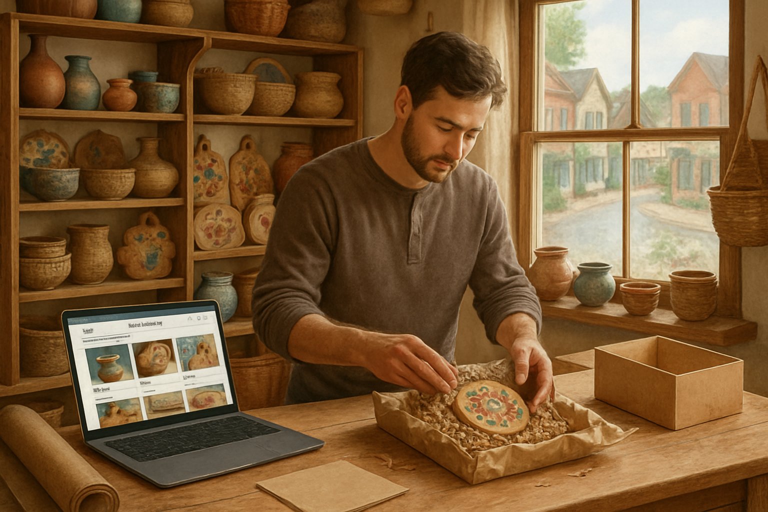 An artisan in a small-town workshop packing handmade crafts with a laptop nearby showing an online marketplace.