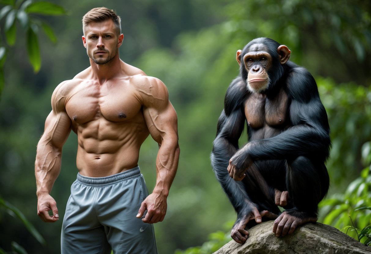 A muscular man and a chimpanzee standing side by side outdoors, both showing their strength.