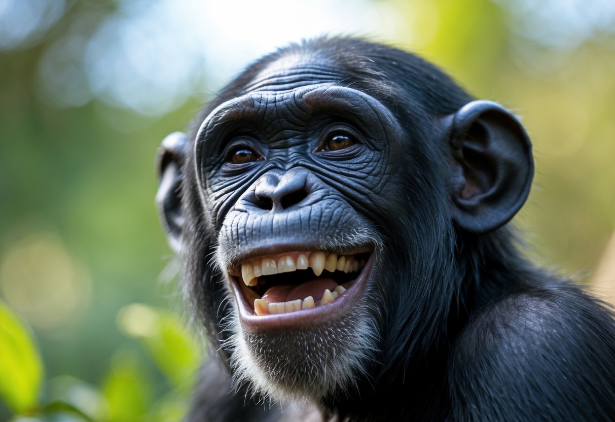 Close-up of a chimpanzee outdoors with a happy expression resembling a smile.