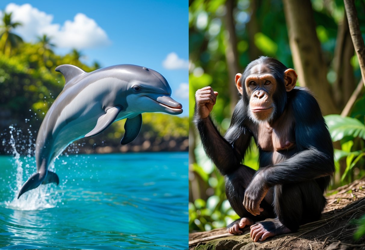 A dolphin leaping out of the ocean and a chimpanzee sitting on the forest floor, both appearing attentive and intelligent in their natural habitats.